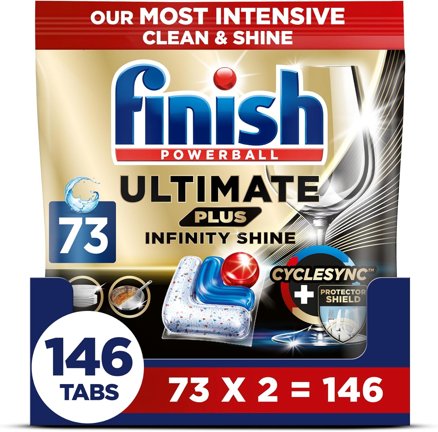 Finish Dishwasher Tablet, Ultimate Plus Infinity Shine, 146 Tabs (73 x 2pck), Fresh Scent, Tough on Grease, Our Most Intensive Clean & Shine, Effective for Short Eco Cycle