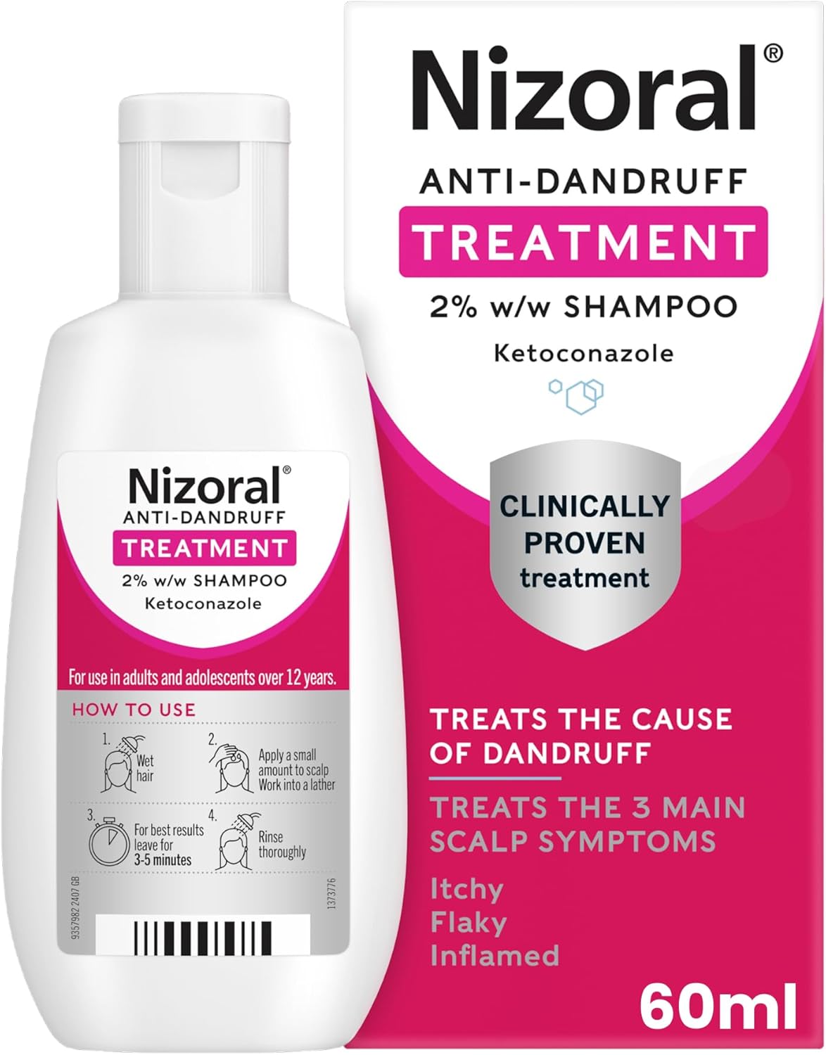 Nizoral Anti-Dandruff Treatment Shampoo, Treats and Prevents Dandruff, Clinically Proven to Control Itchy & Flaky Scalps, Contains Ketoconazole, 1 x 60ml