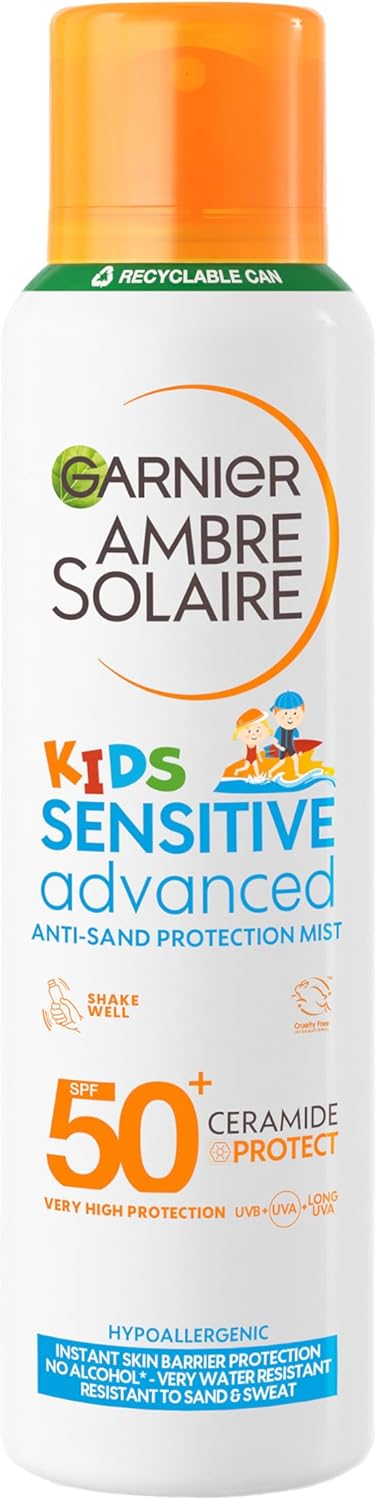 Garnier Ambre Solaire Kids & Baby Sunscreen Spray SPF 50+, 150ml Mist, Sensitive Advanced Anti-Sand Protection, High UVA/UVB Sun Cream for Face & Body, Water Resistant